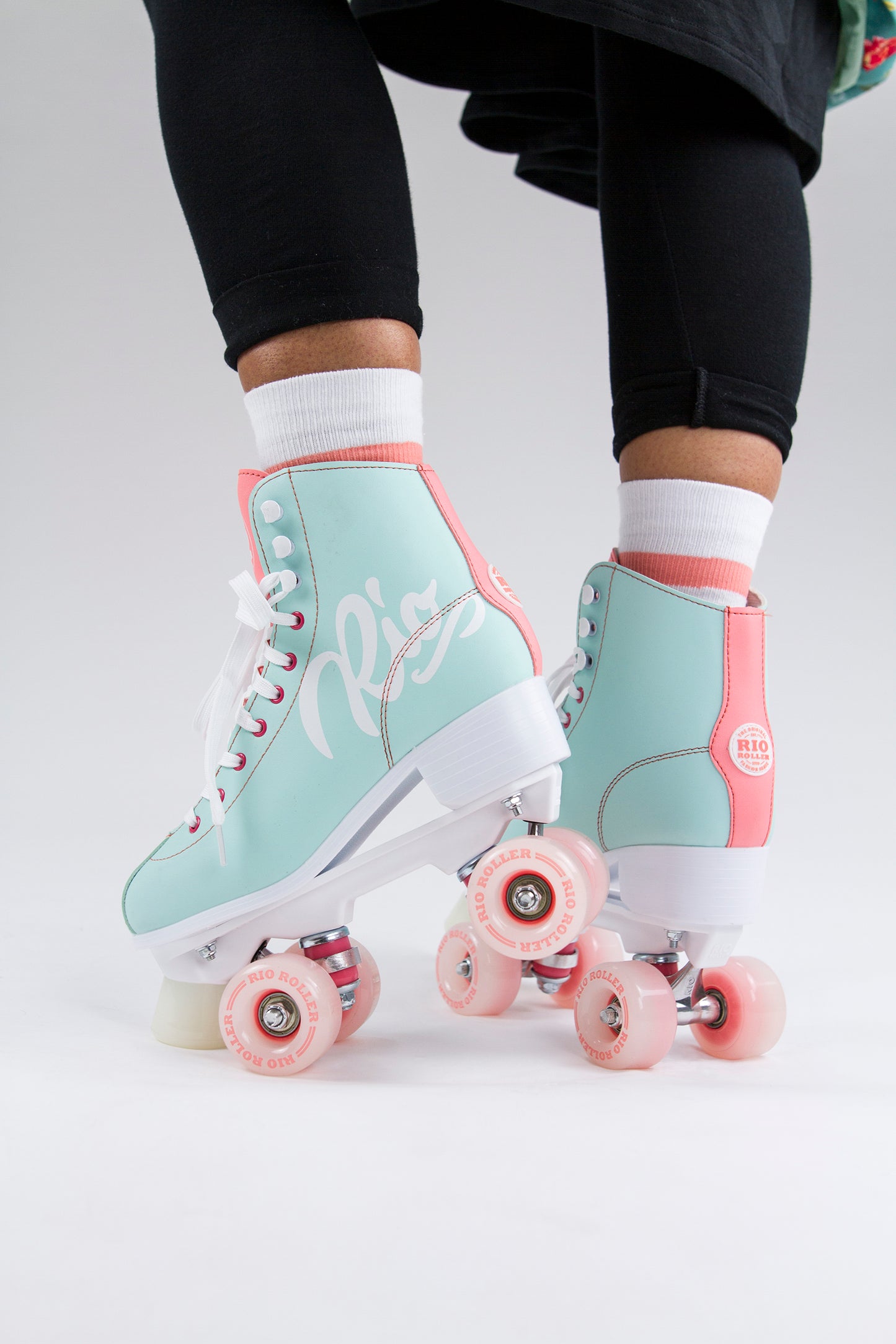 Rio Roller Script Quad Roller Skates - Teal/Coral - Momma Trucker Skates