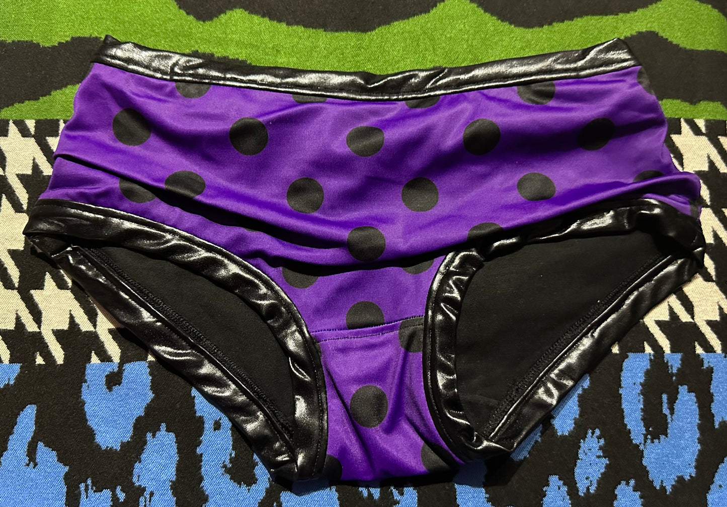 Dude Where's My Pants? Hot Pants - Purple Black Polka Dot Slash