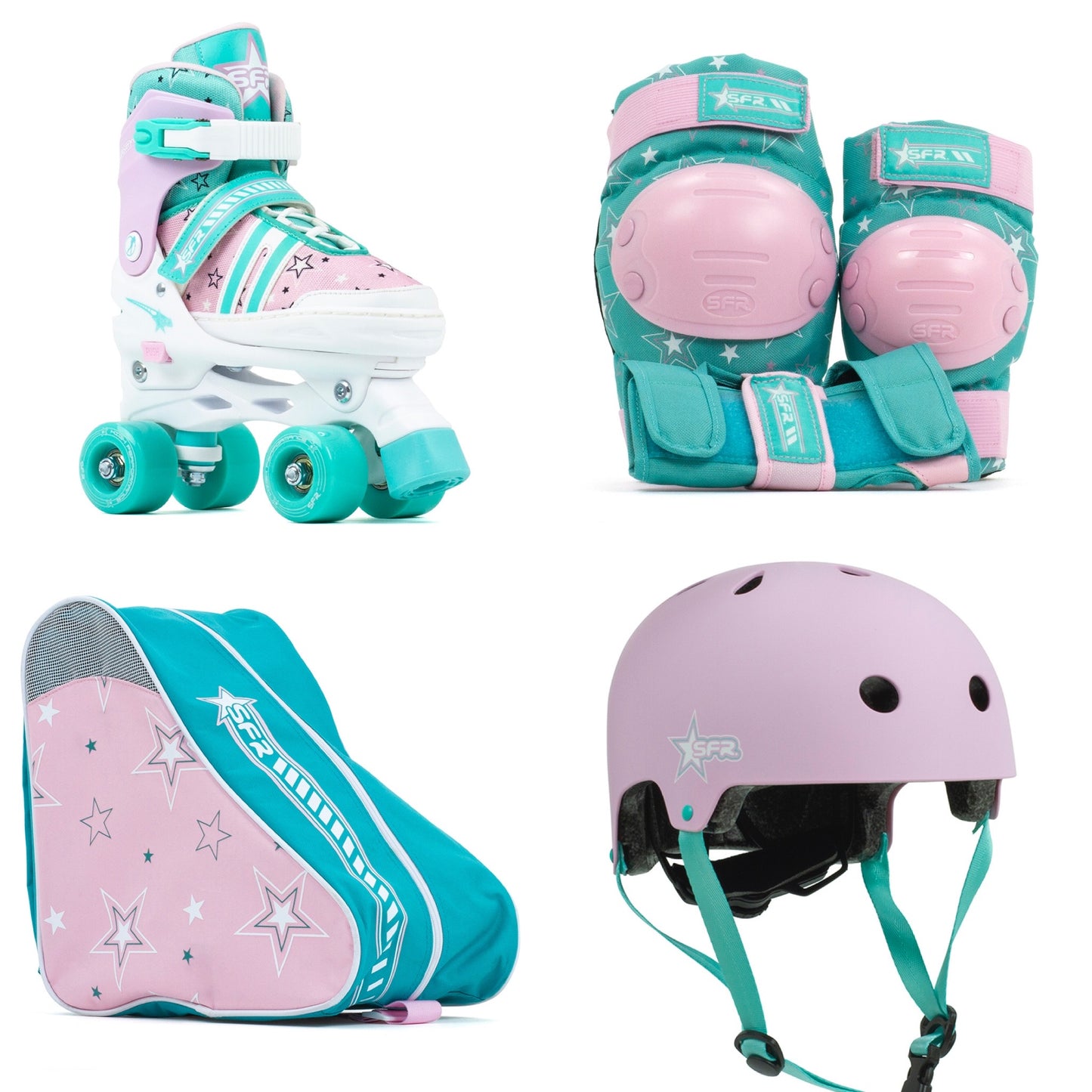 SFR Spectra Roller Skates Beginners Package Pink & Teal, Pads, Helmet & Bag - Momma Trucker Skates