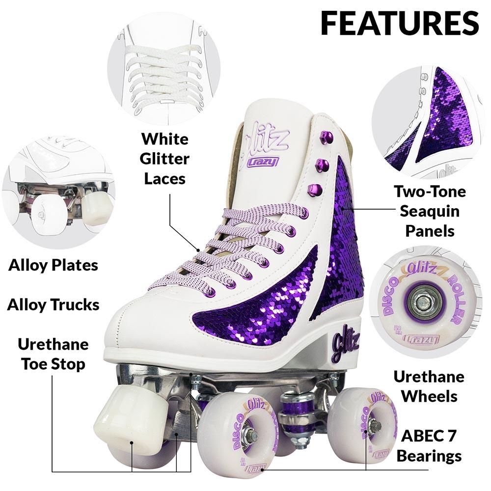 Crazy Skates Glam Quad Skates - White & Amethyst Purple - Momma Trucker Skates