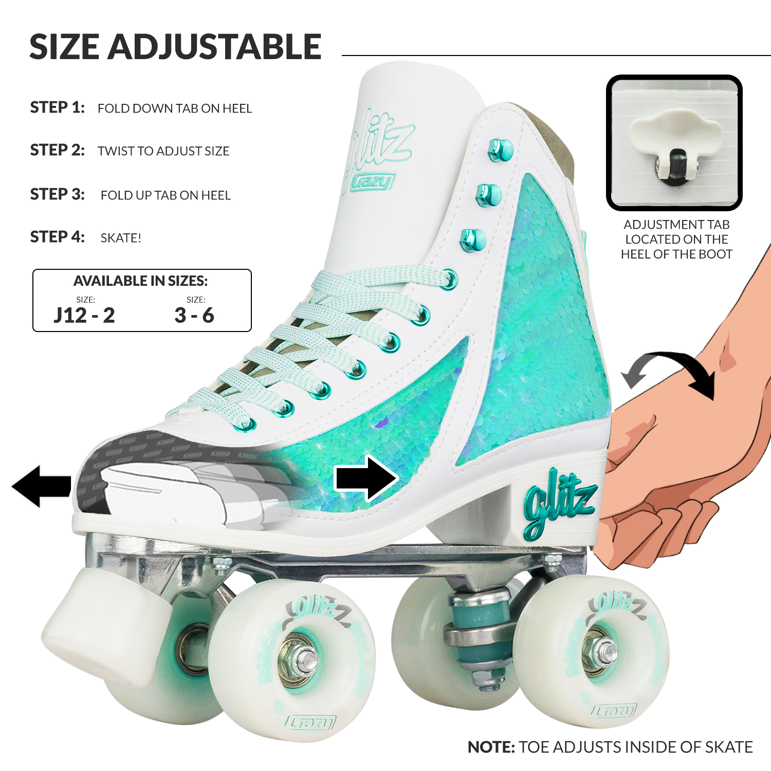 Crazy Skates Adjustable Glam Quad Skates - White & Teal - Momma Trucker Skates