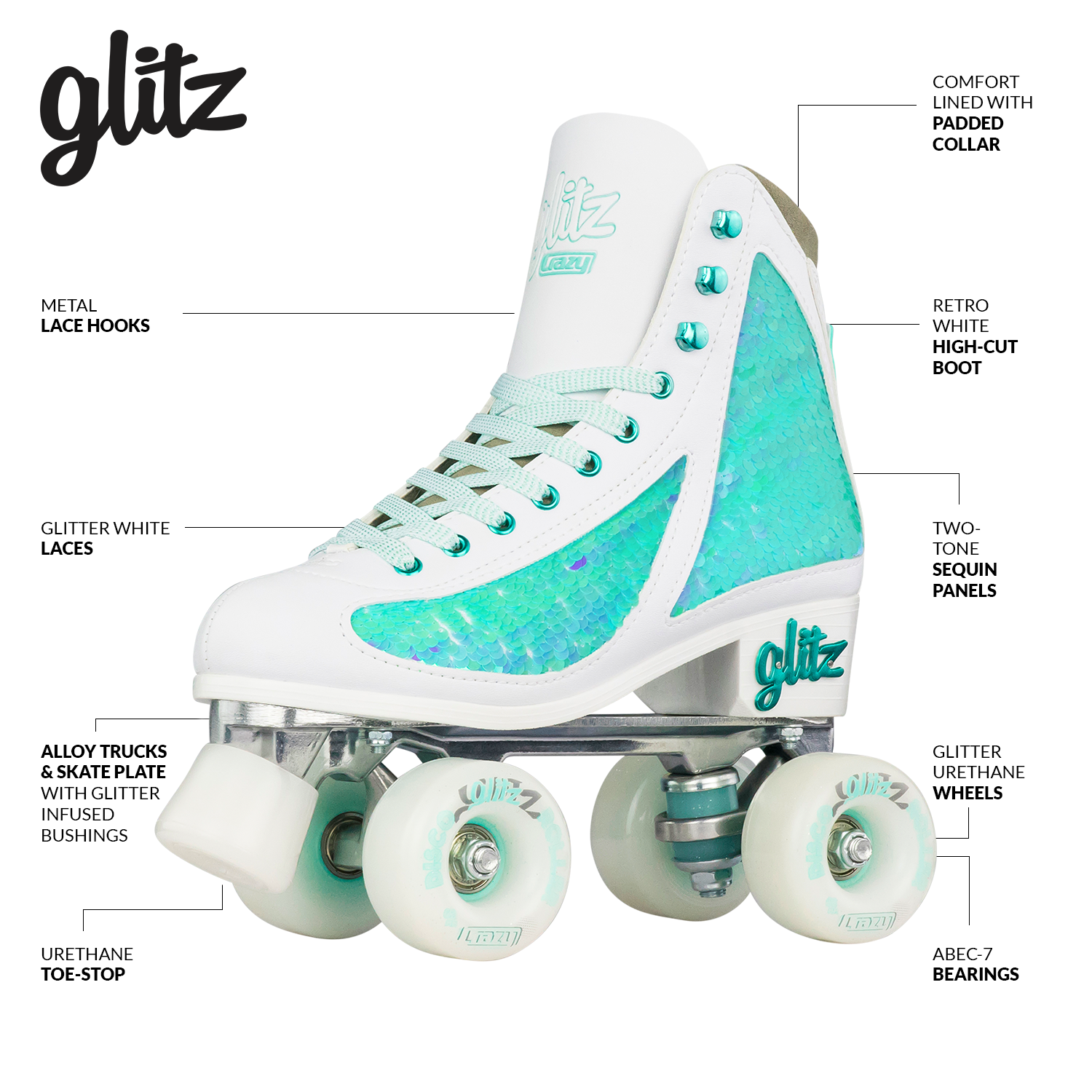 Crazy Skates Adjustable Glam Quad Skates - White & Teal - Momma Trucker Skates