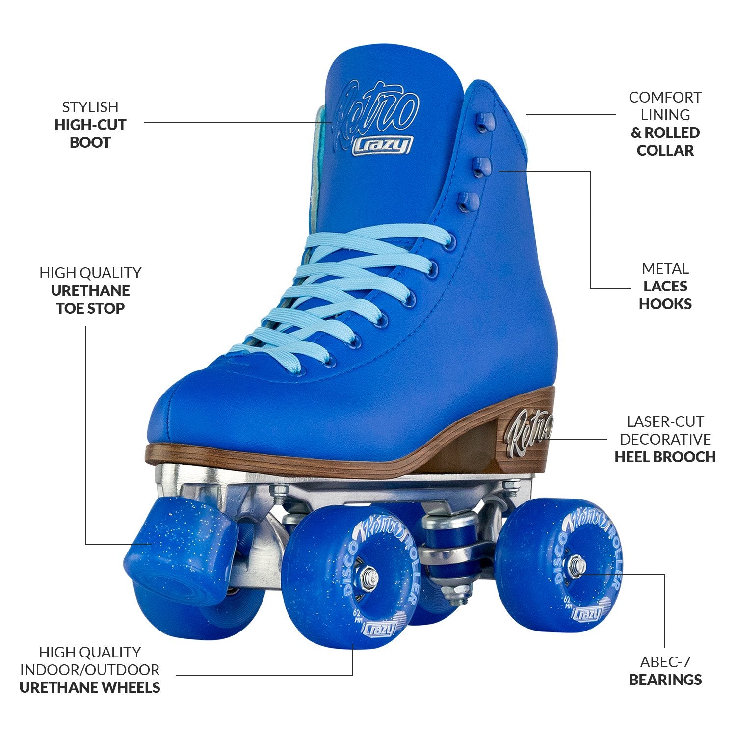 Crazy Skates Classic Vintage Retro Roller Skates - Blue - Momma Trucker Skates