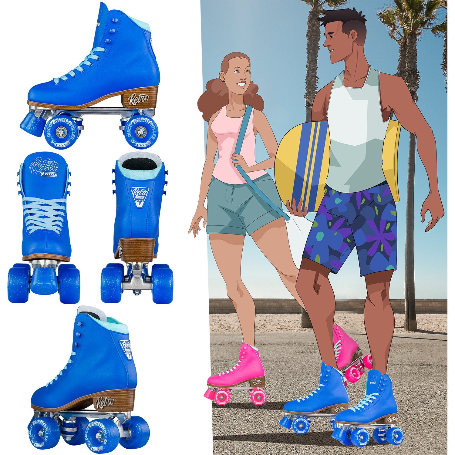 Crazy Skates Classic Vintage Retro Roller Skates - Blue - Momma Trucker Skates
