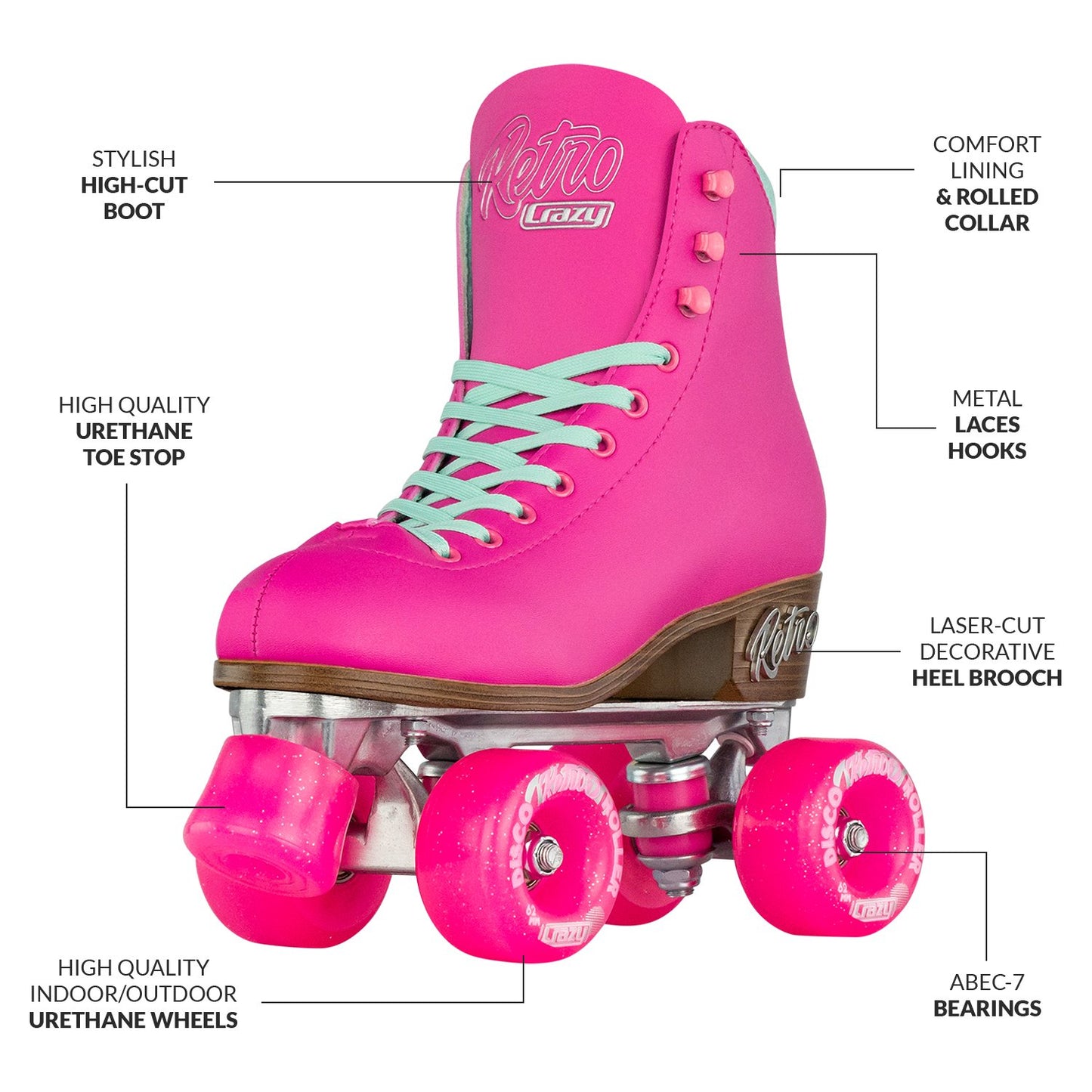 Crazy Skates Classic Vintage Retro Roller Skates - Pink - Momma Trucker Skates