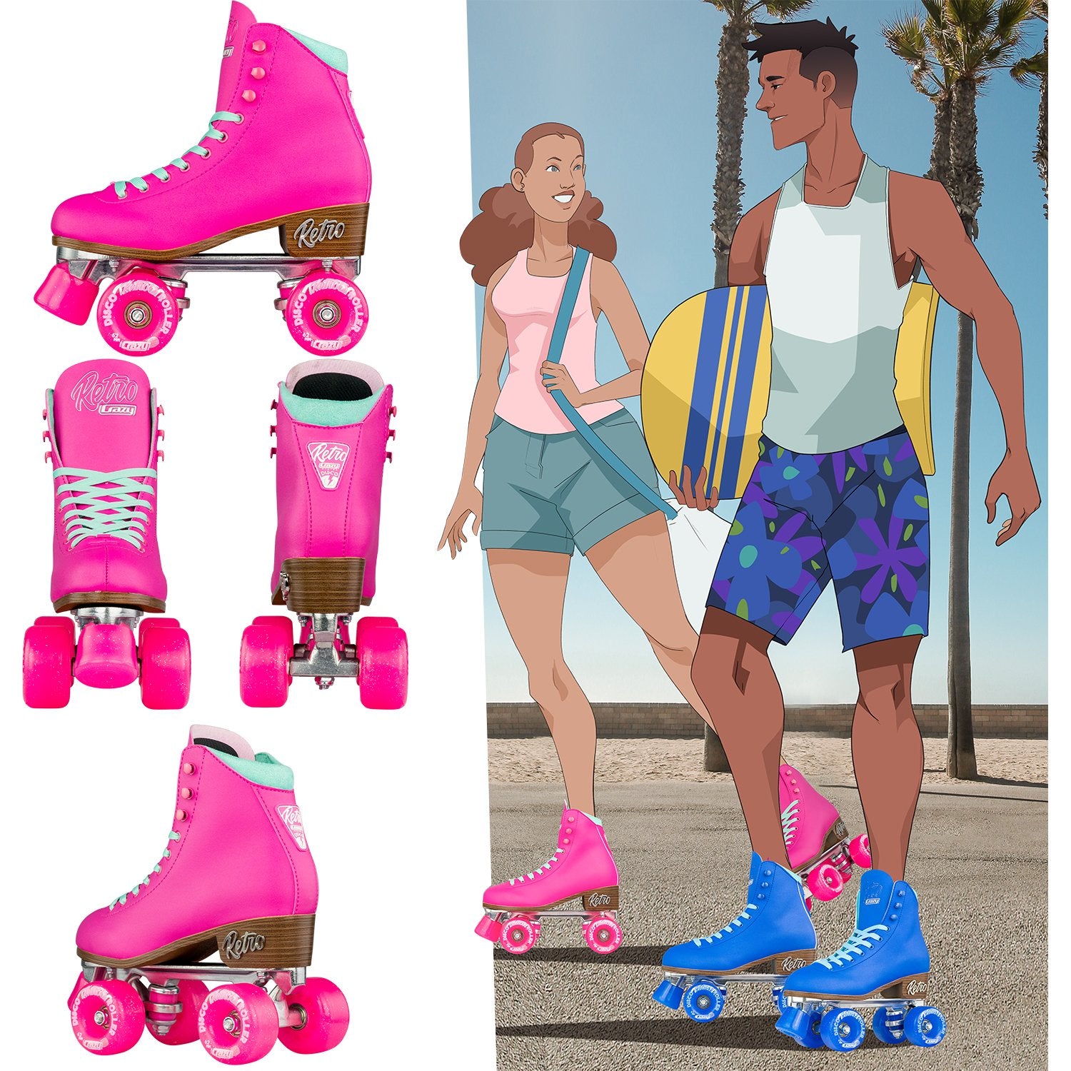Crazy Skates Classic Vintage Retro Roller Skates - Pink - Momma Trucker Skates
