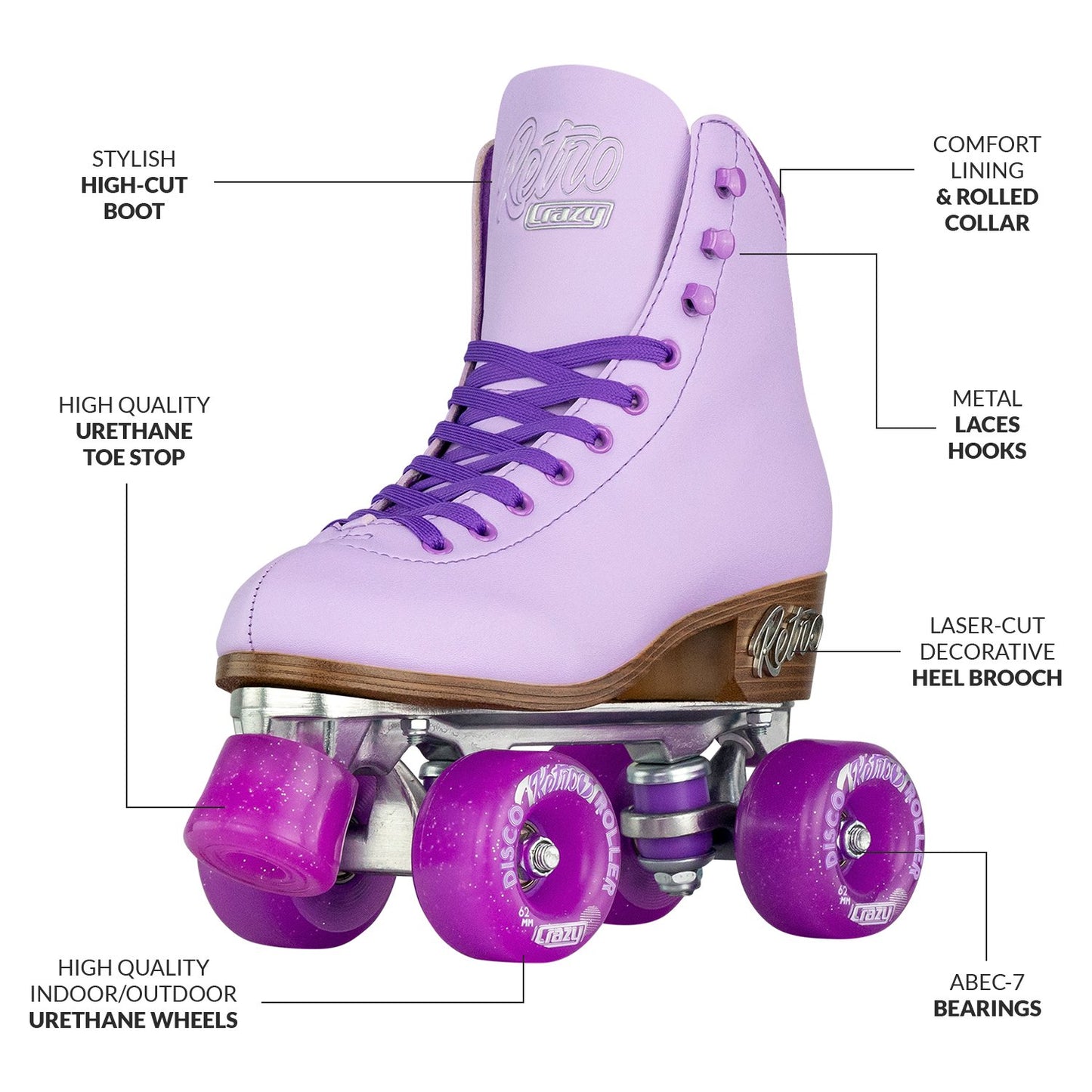 Crazy Skates Classic Vintage Retro Roller Skates - Purple - Momma Trucker Skates