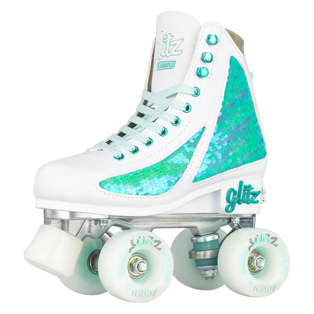 Crazy Skates Adjustable Glam Quad Skates - White & Teal - Momma Trucker Skates