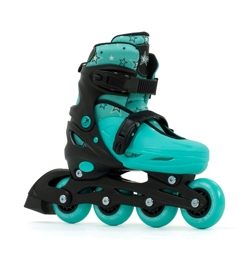 SFR Plasma Adjustable Children's Inline Skates - Teal Beginner Skate Package - inc Pads, Helmet & Bag - Momma Trucker Skates