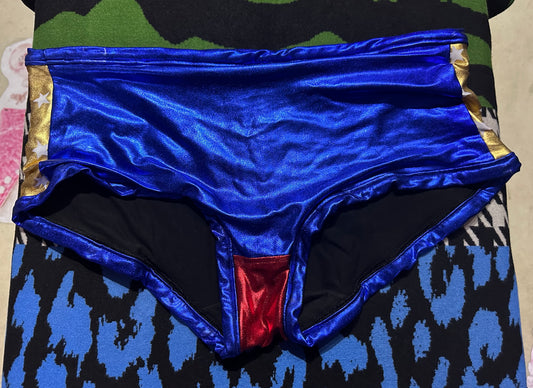 Dude Where's My Pants? Hot Pants - Metallic Blue, Red & Gold