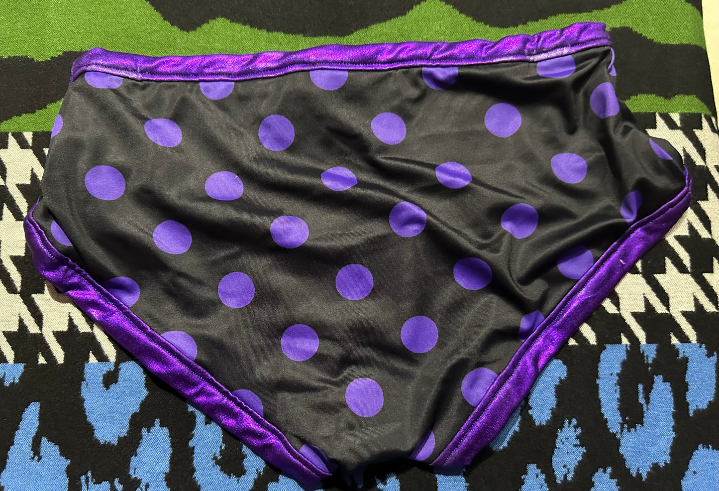 Dude Where's My Pants? Hot Pants - Black Purple Polka Dot Slash
