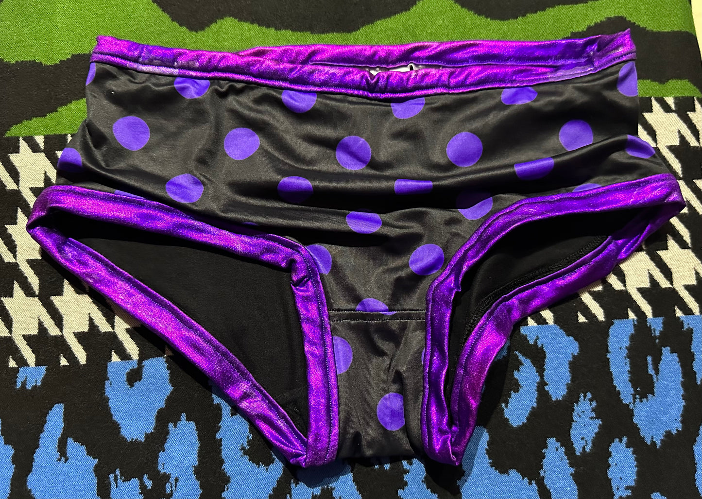 Dude Where's My Pants? Hot Pants - Black Purple Polka Dot Slash
