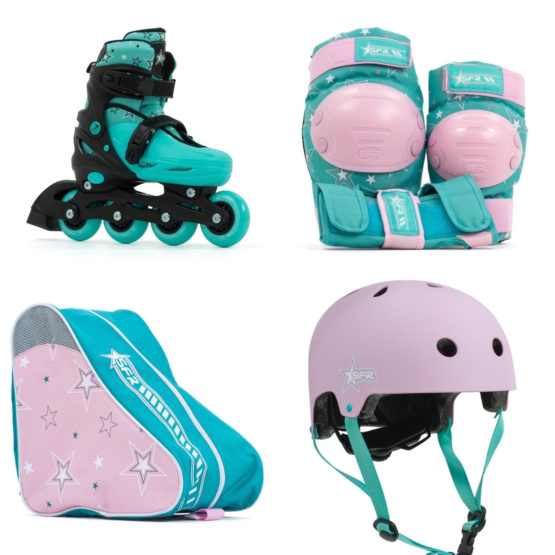 SFR Plasma Adjustable Children's Inline Skates - Teal Beginner Skate Package - inc Pads, Helmet & Bag - Momma Trucker Skates