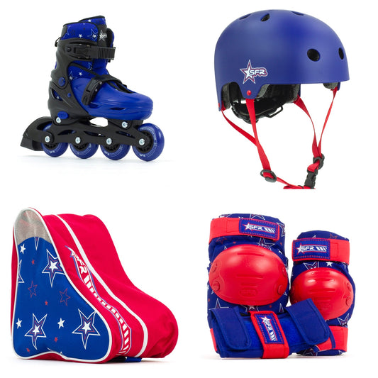 SFR Plasma Adjustable Children's Inline Skates Beginner Skate Package - Blue inc Pads, Helmet & Bag - Momma Trucker Skates