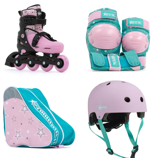 SFR Plasma Adjustable Children's Inline Skates - Pink Beginner Skate Package - inc Pads, Helmet & Bag - Momma Trucker Skates