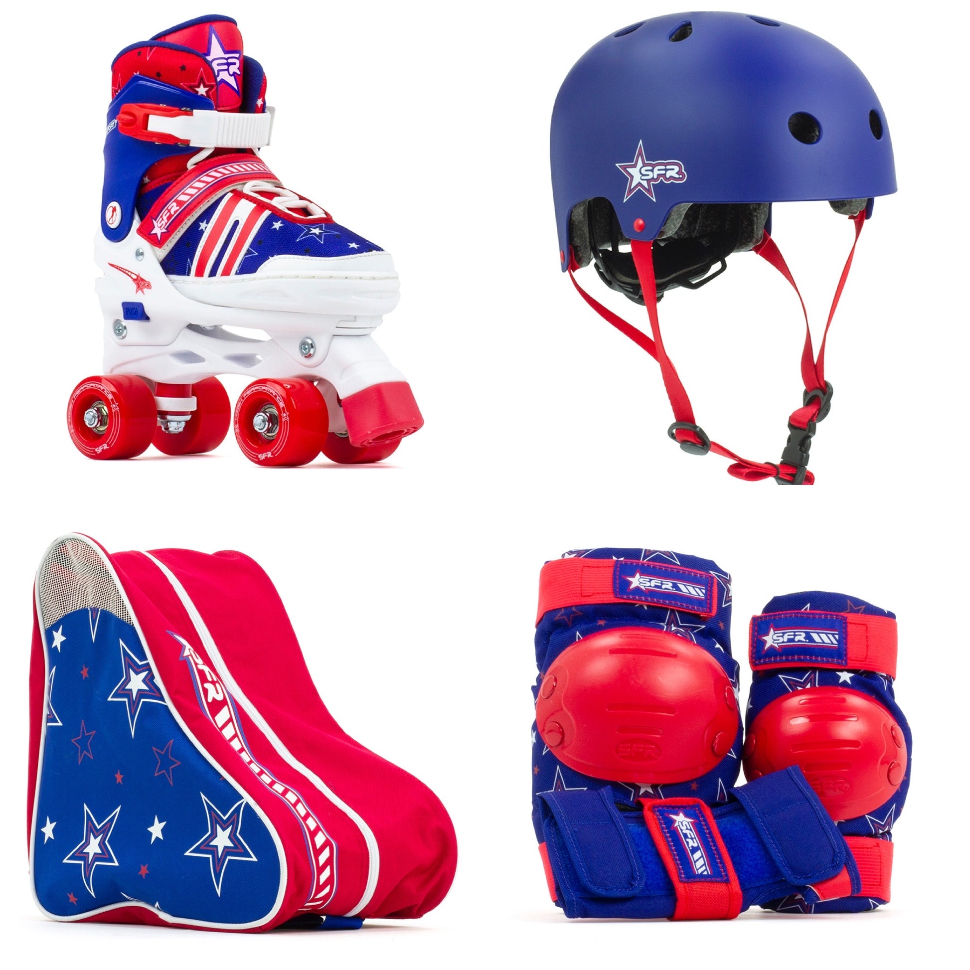 SFR Spectra Roller Skates Beginners Package Red & Blue, Pads, Helmet & Bag - Momma Trucker Skates